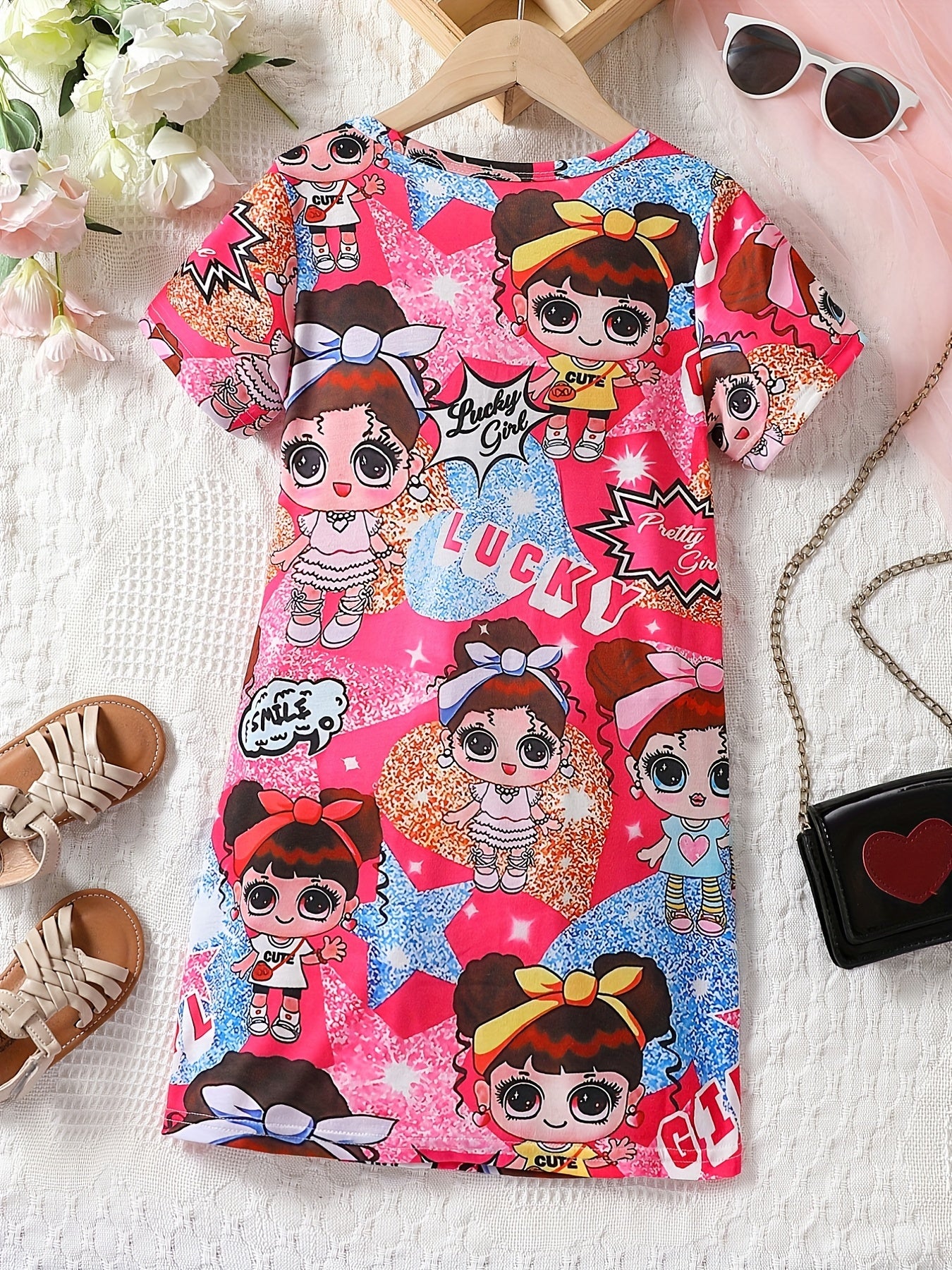 Toddler Girls Dress ''Cartoon Girl'' Graphic Short Sleeve Casual T Shirt Dress