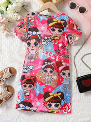Toddler Girls Dress ''Cartoon Girl'' Graphic Short Sleeve Casual T Shirt Dress