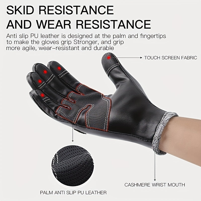 Cycling Gloves PU Leather Warm Gloves Windproof Non-slip Touch Screen Skiing Glo