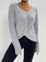 Twist Front V Neck Sweater Long Sleeve Casual Winter Fall Women's Clothing