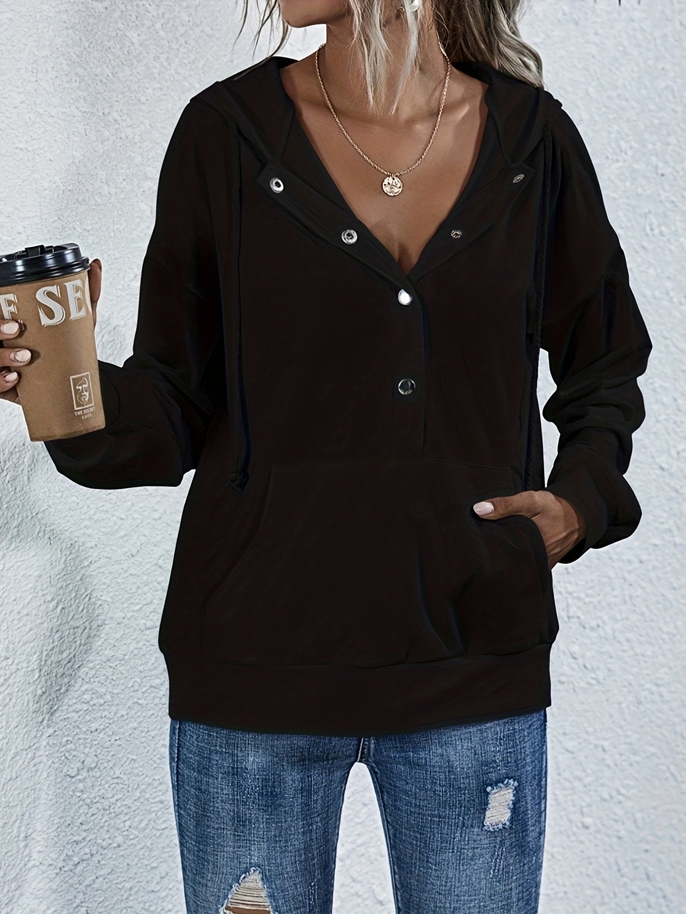 Solid Half Button Kangaroo Pocket Hoodie