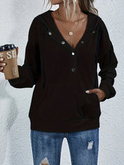 Solid Half Button Kangaroo Pocket Hoodie
