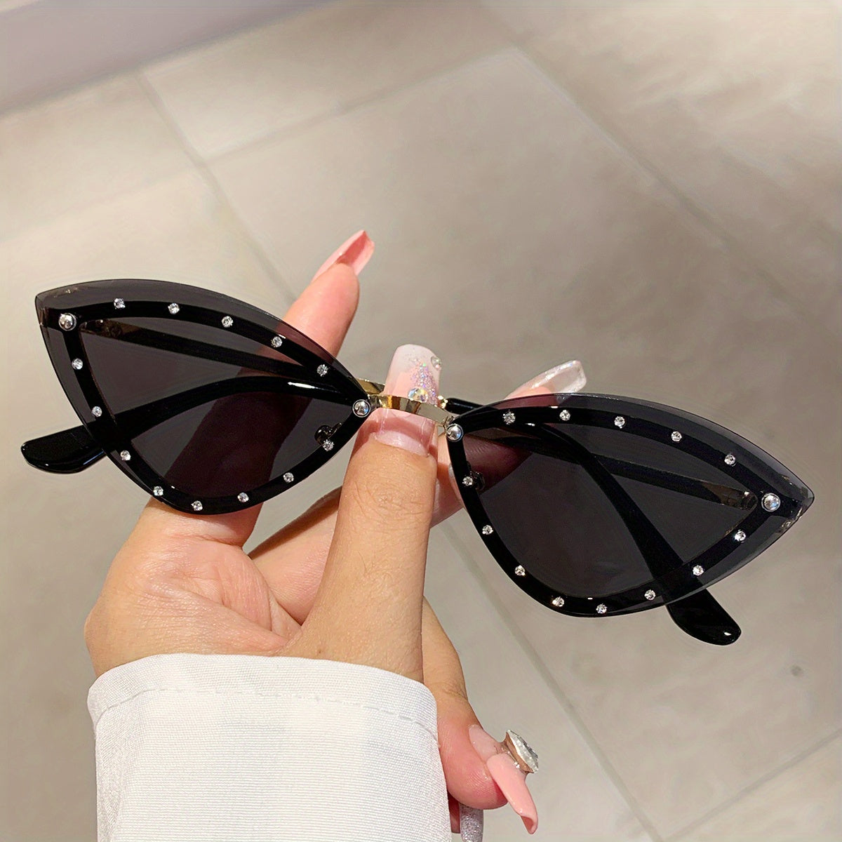 Y2K Rimless Cat Eye Sunglasses Rhinestone Gradient Decorative Glasses