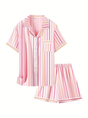 Girls 2pcs Pajamas Top & Shorts Solid Short Sleeve Button Front PJ Set