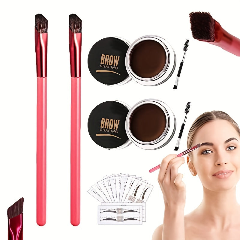 2pcs Eyebrow Pomade With Brush + 2 Pcs Eyebrow Gel Brush + 10pcs Eyebrow Stencil