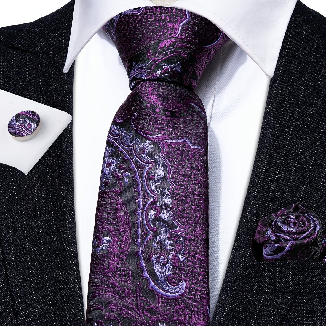 Barry Wang Men's Purple Paisley Floral Necktie Set