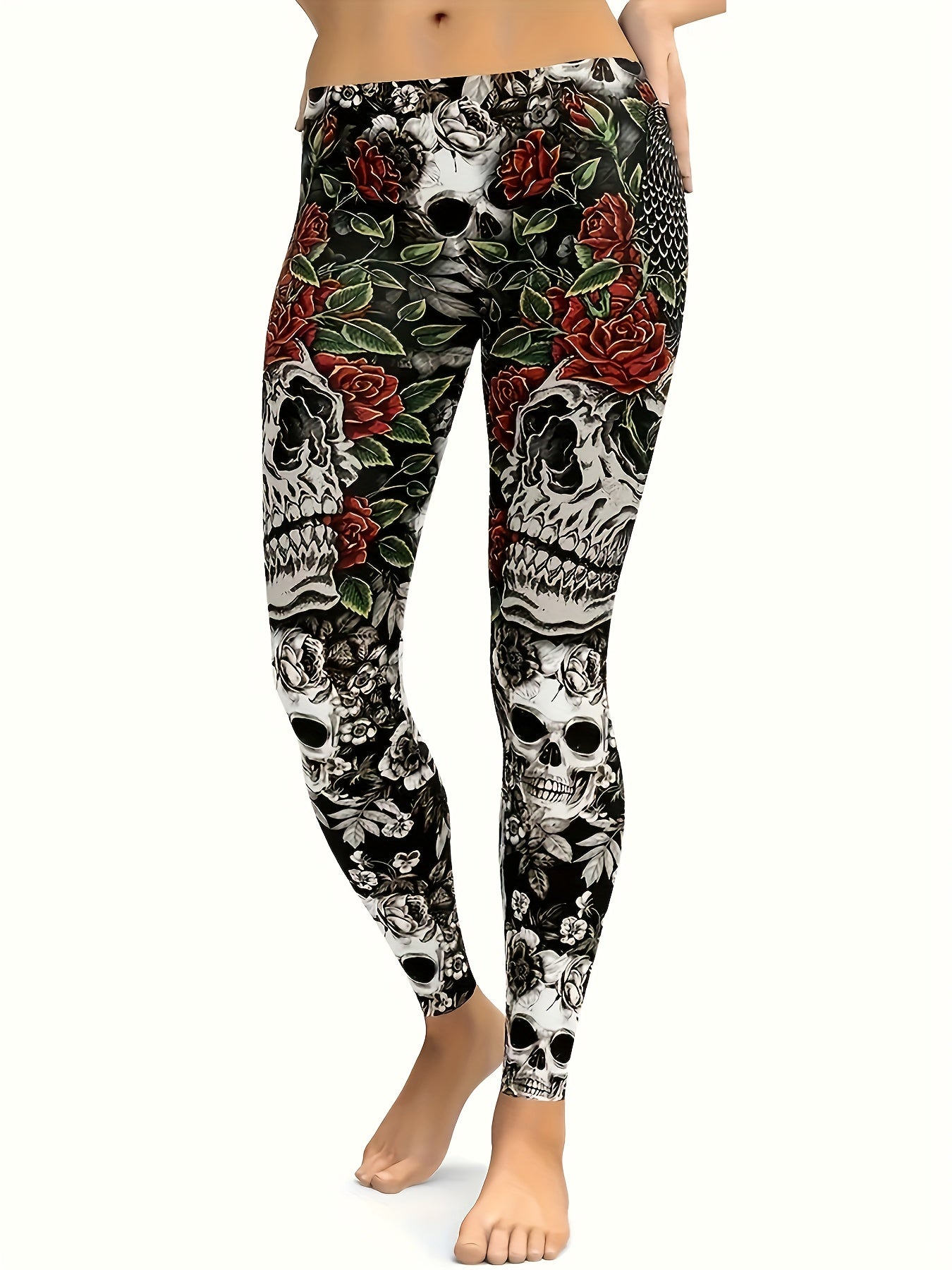 Floral Skull Print High Rise Leggings