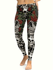 Floral Skull Print High Rise Leggings