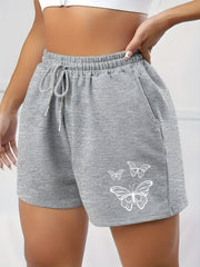 Sports Shorts Women's Plus Butterfly Print Elastic Drawstring H...