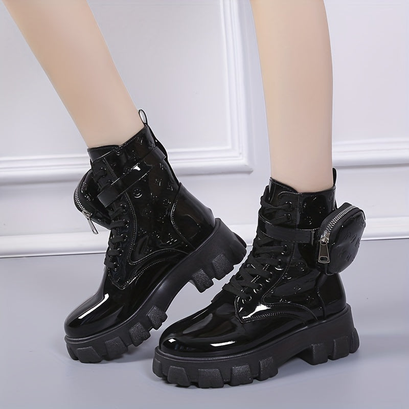 Women's Platform Combat Boots Patent Leather Short Boots Anti Skid Shoes