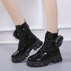Women's Platform Combat Boots Patent Leather Short Boots Anti Skid Shoes