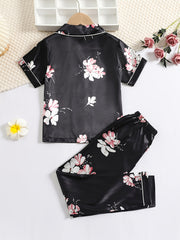 Girls Short Sleeve Pajama Set Satin PJ Set Sleepwear Loungewear 2 Piece PJs
