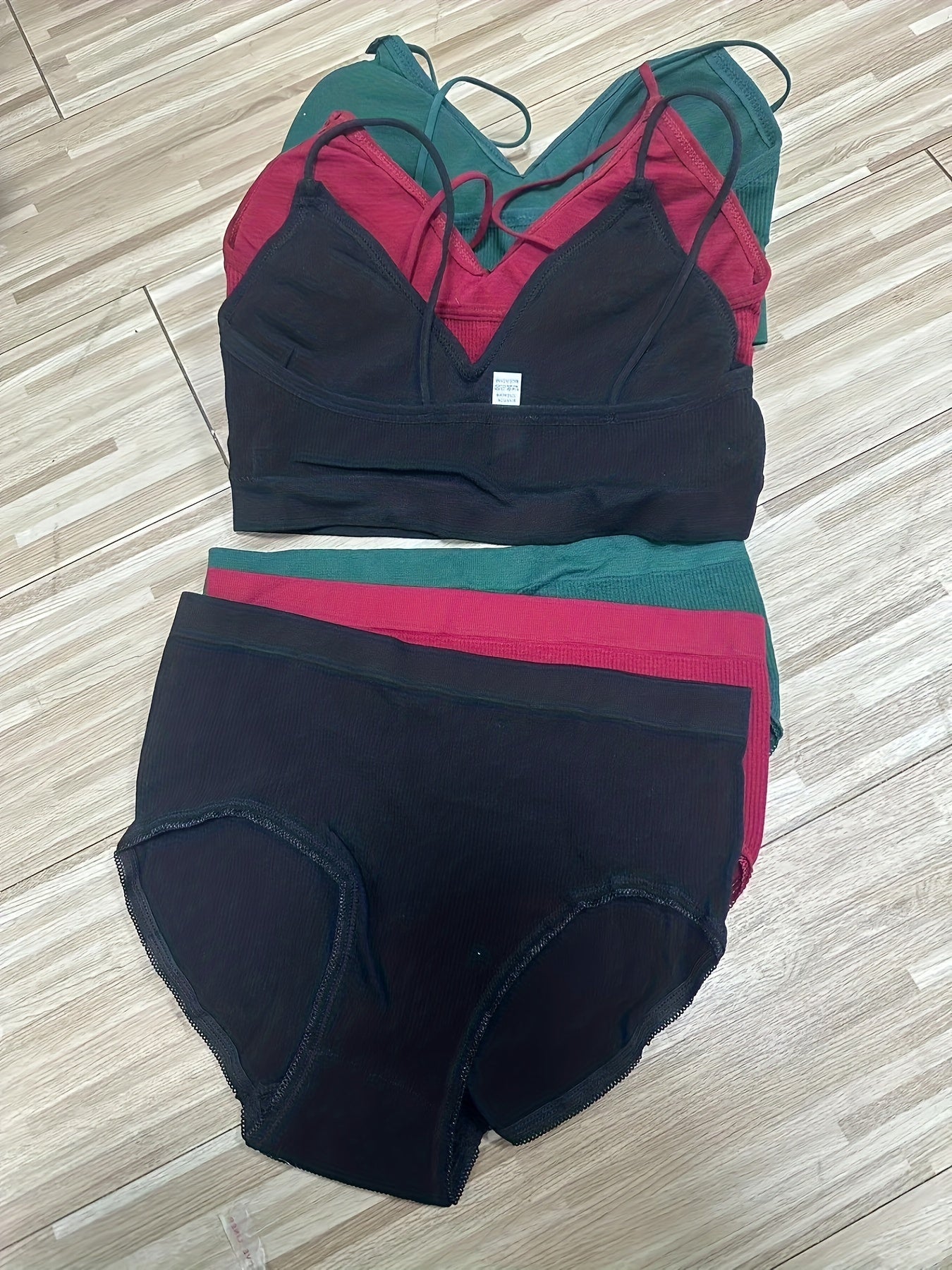 3 Sets Solid Ribbed Bra & Panties Push Up Bra & Elastic Panties Lingerie Set