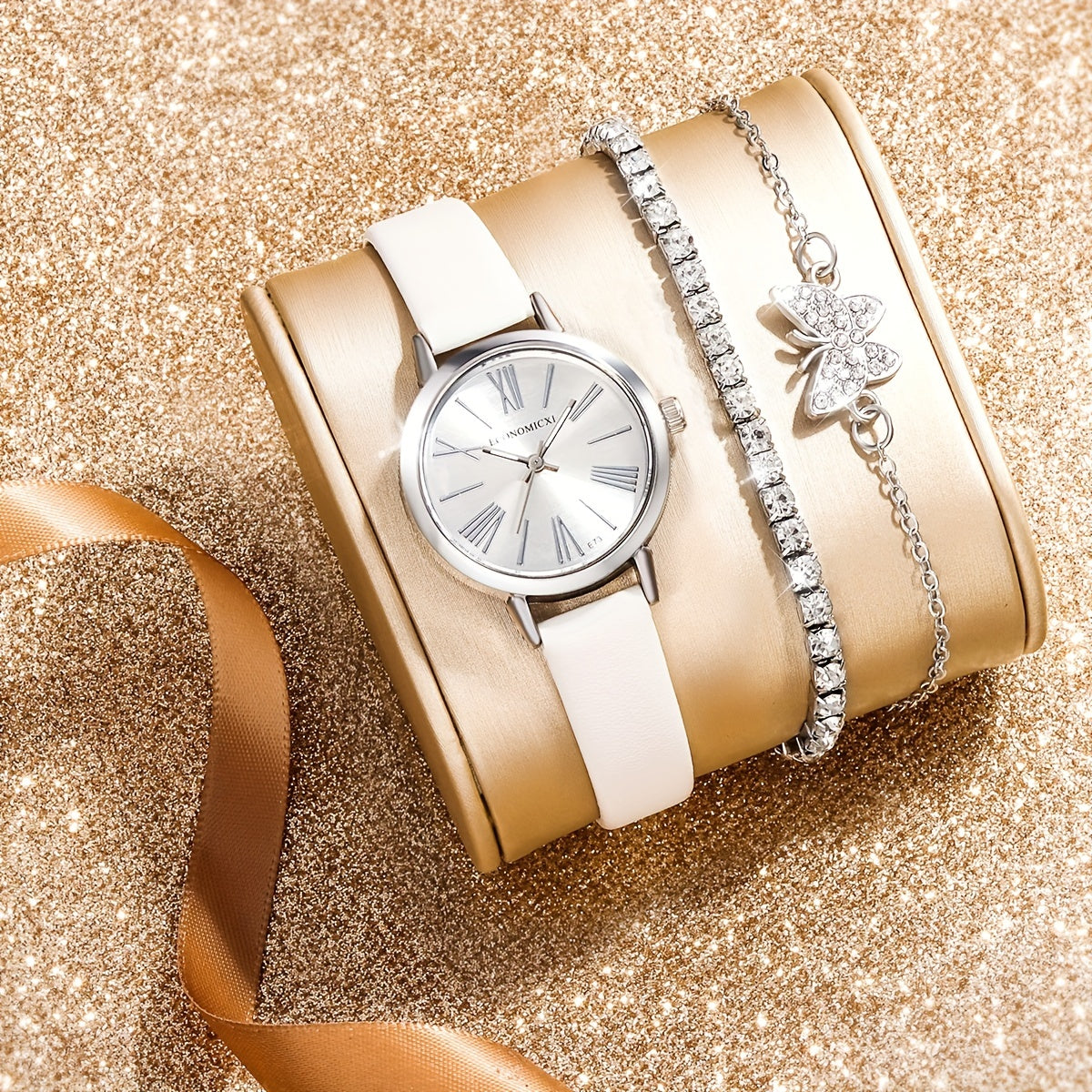 Women's Leather Quartz Watch & Rhinestone Bracelet Set