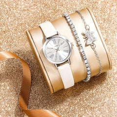Women's Leather Quartz Watch & Rhinestone Bracelet Set