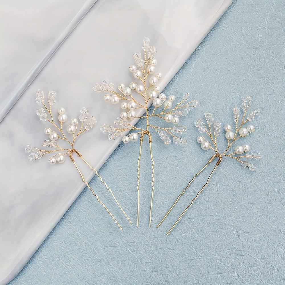 3pcs Faux Pearl Decor Braided Hair Pin Bridal Wedding Hair Accessory