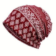 Red Floral Print Beanie Lightweight Vintage Skull Hat Chemo Cap