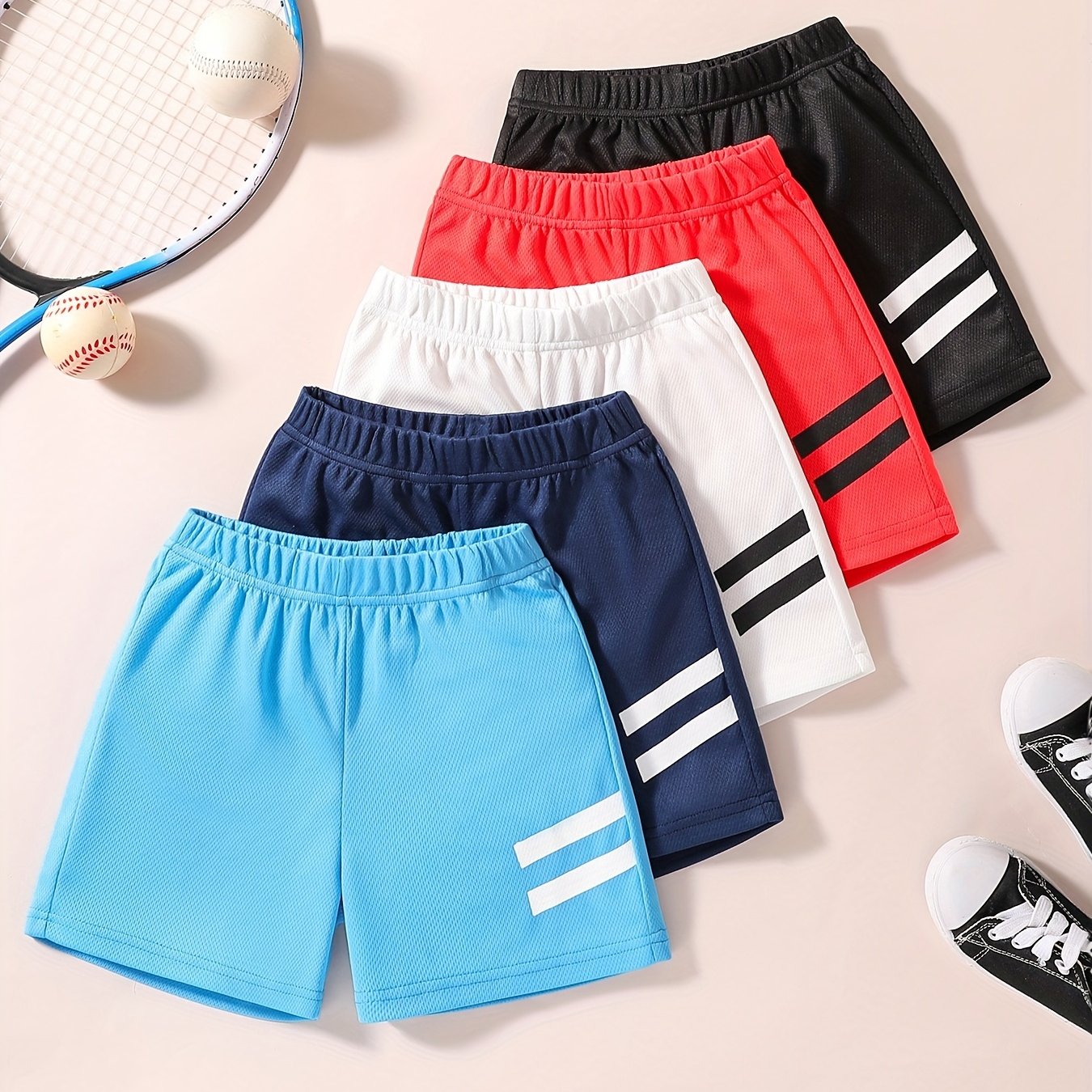 5pcs Boys Stripe Print Quick Dry Shorts for Summer Outdoor