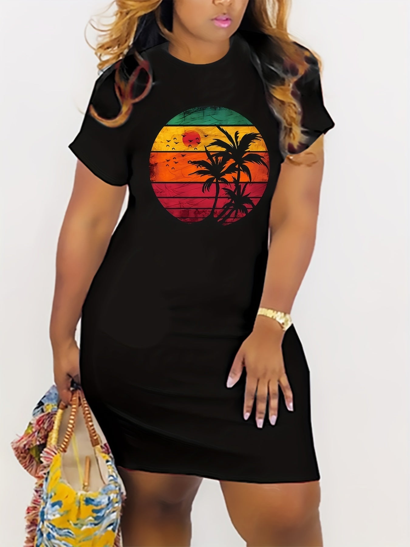 Colorblock Sun & Coconut Tree Print Casual Dress