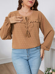 Lantern Sleeve Round Neck Knot Front Blouse Women's Plus Solid Blouse