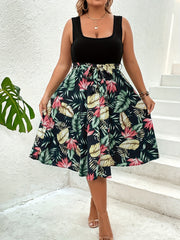 Colorblock Tropical Print Square Neck Midi Dress