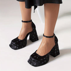 Retro Block Heels Square Toe Platform Pumps