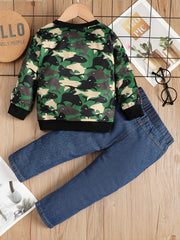 Boys Daddy's BUDDY Print Camouflage Long Sleeve Sweatshirt & Ripped Jeans Set