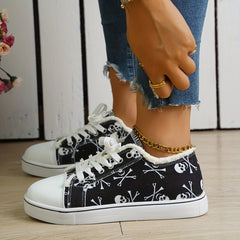Skull Print Canvas Sneakers Lace Up Walking Shoes
