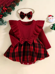 2pcs Baby Girls Christmas Plaid Stitching Skirt Romper Set