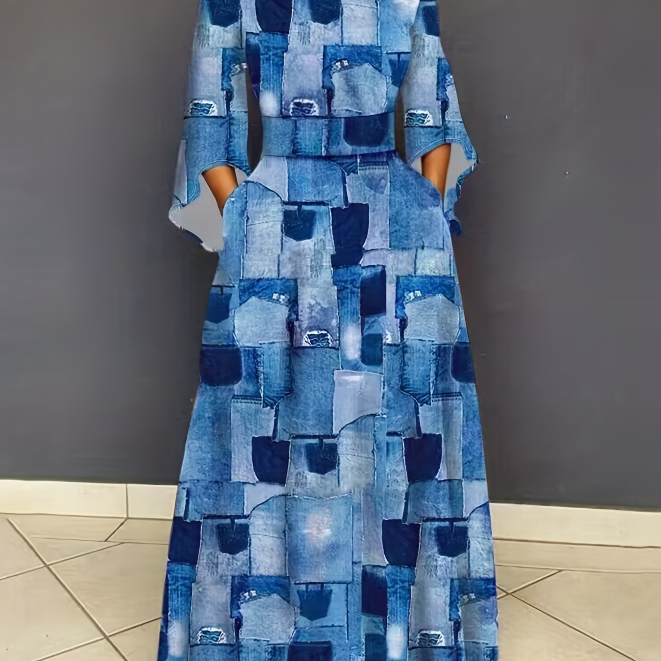 Denim Print Bell Sleeve Maxi Dress With Pockets