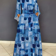 Denim Print Bell Sleeve Maxi Dress With Pockets
