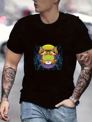 Cyberpunk Cat Print Men's Graphic T-shirt Casual Comfy Tees for Summer