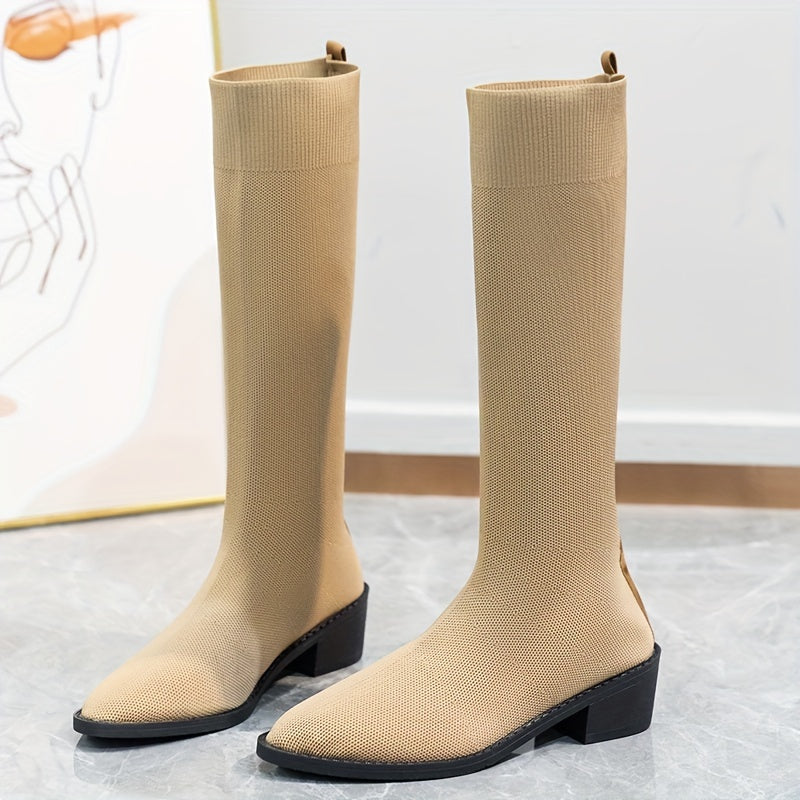 Women's Chunky Heel Long Boots Comfortable Slip On Shoes