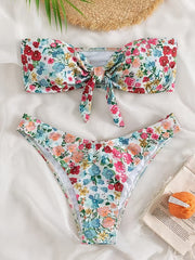 Floral Print Bandeau Bikini Sets Knot Front Strapless Tube Top