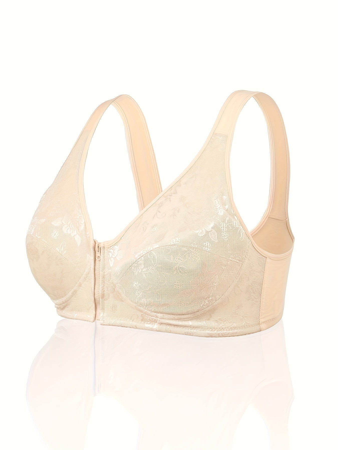 Plus Size Women's Floral Jacquard Zipper Front T-shirt Bra