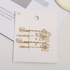 4pcs Golden Hair Clips with Flower & Pearls, Metal Hairpins for Women and Girls