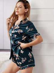 Floral Print Satin Pajama Set Short Sleeve & Shorts
