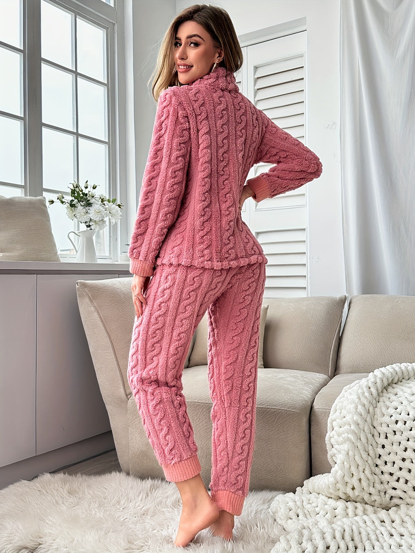 Cozy Fuzzy Lounge Set Long Sleeve Top & Elastic Waistband Pants