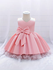 Baby Girls Princess Dress with Bowknot V Neck Mesh Trim