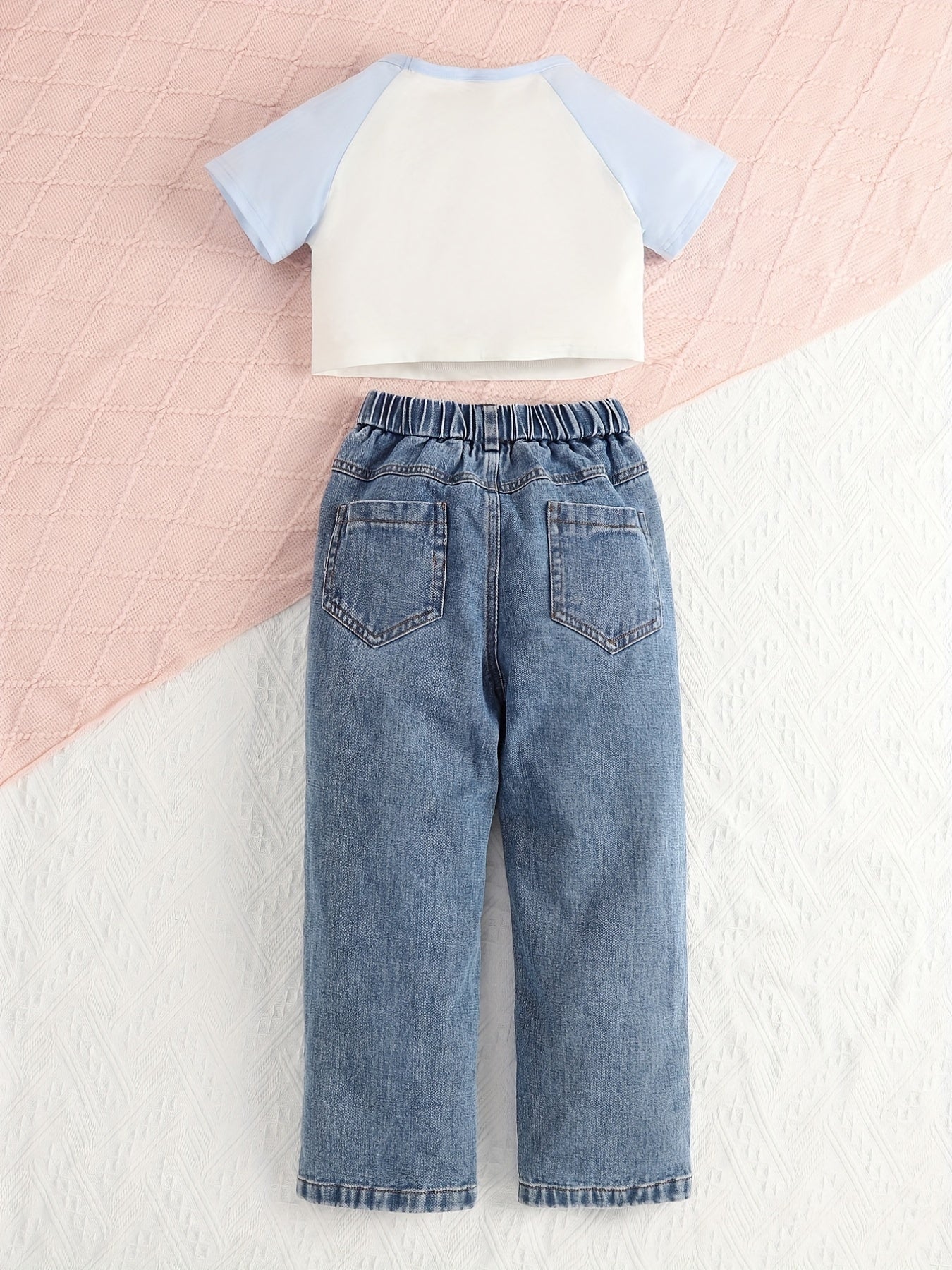Girls 2 Pcs Raglan Short Sleeve Top & Elastic Waist Jeans Casual Set