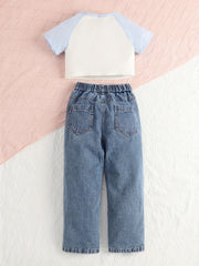 Girls 2 Pcs Raglan Short Sleeve Top & Elastic Waist Jeans Casual Set