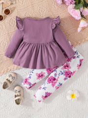 Baby Girls Dress & Floral Pants Set, Long Sleeves, Bow Knot, Spring Fall