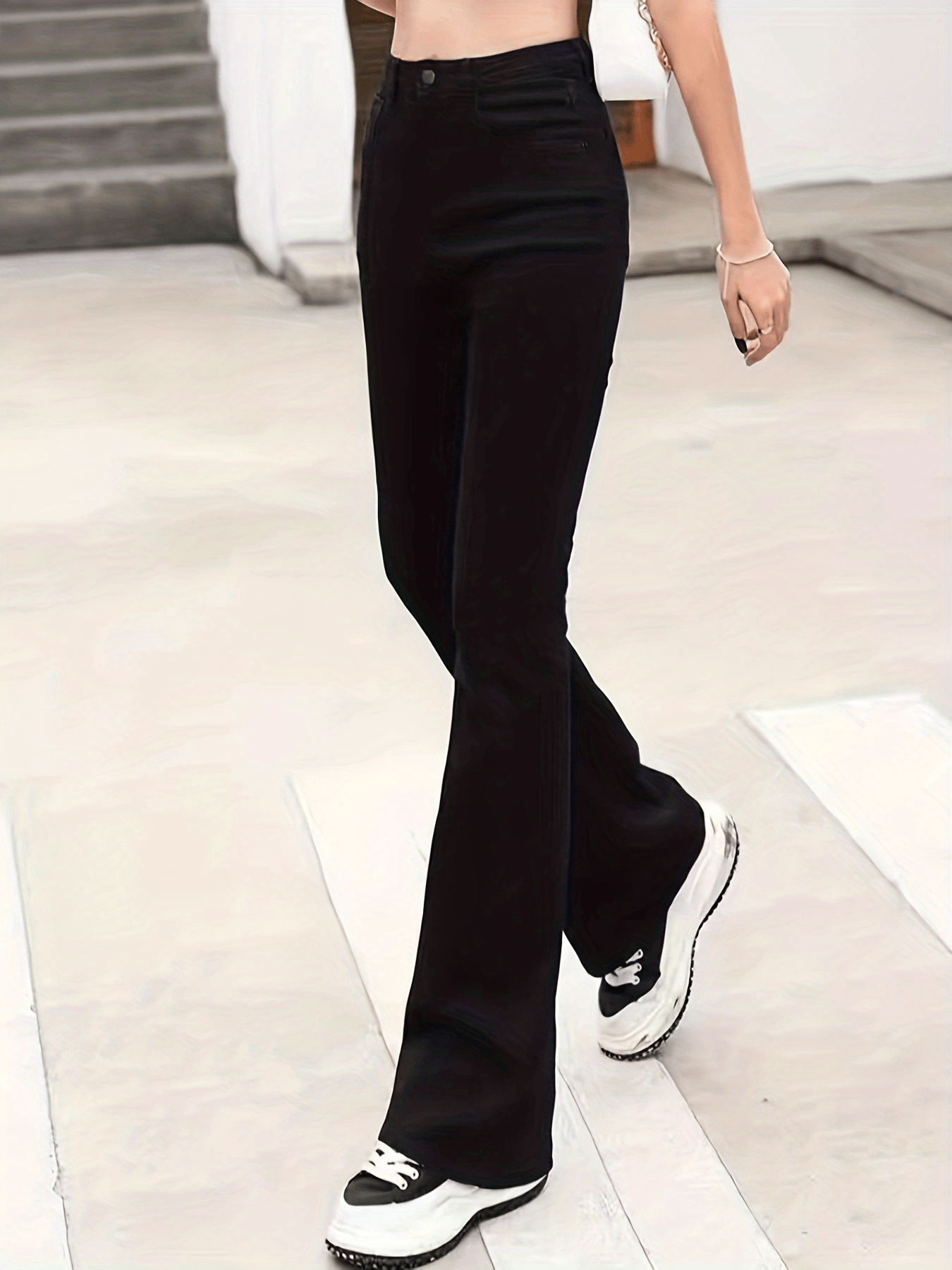 High Rise Flare Leg Jeans Slash Pocket Stretch Denim Pants