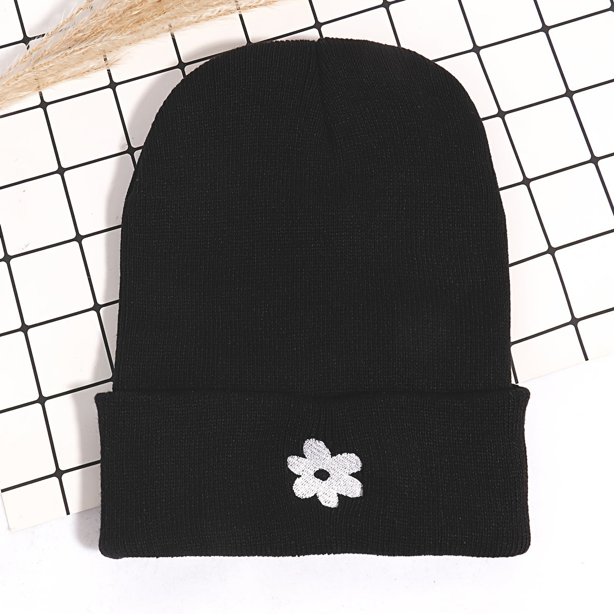 Embroidered Small Flower Beanie Winter Warm Ski Hat Unisex