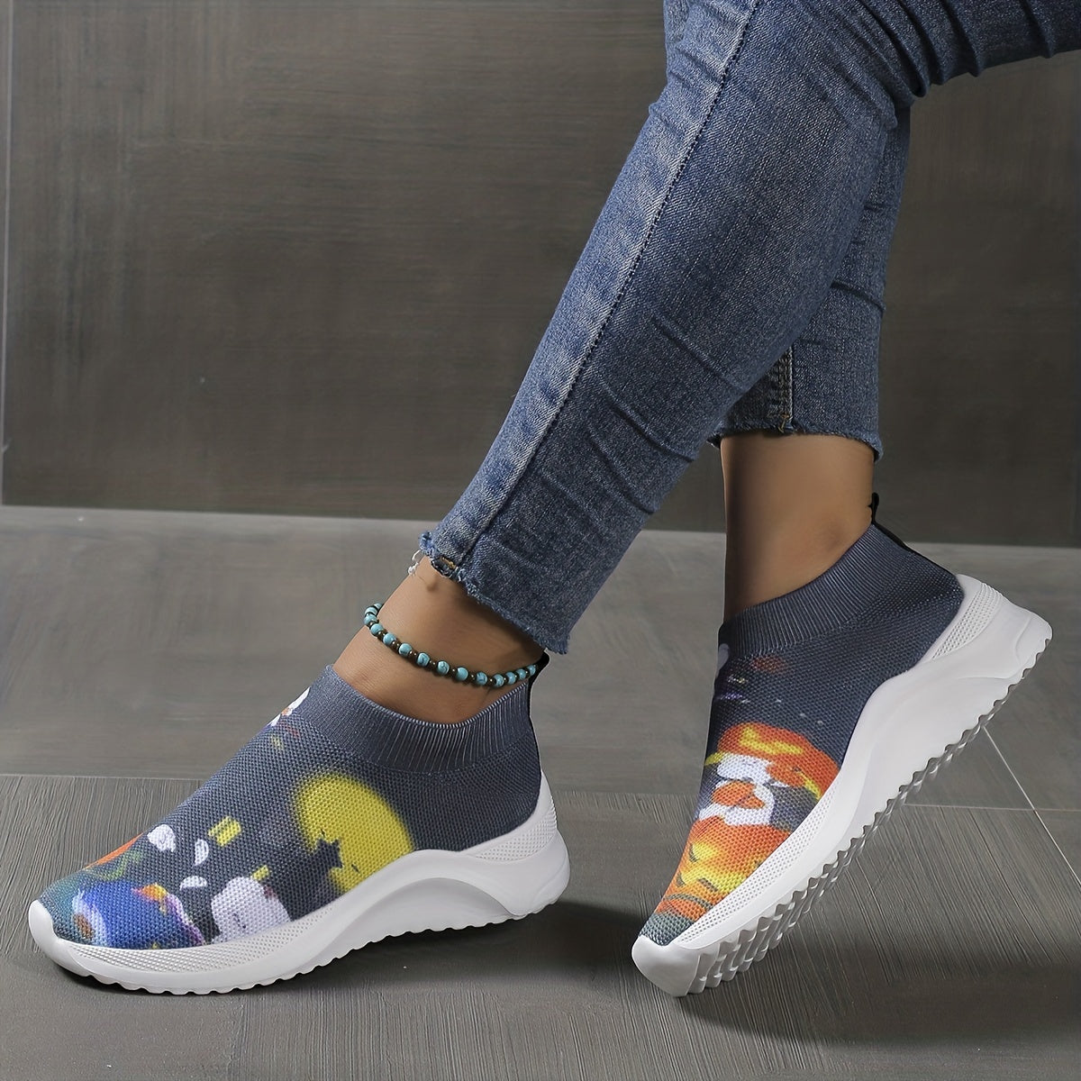 Women's Ghost Face Pumpkin Knitted Slip On Sneakers