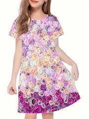 Butterfly Print Short Sleeve Dress for Summer Party Girls