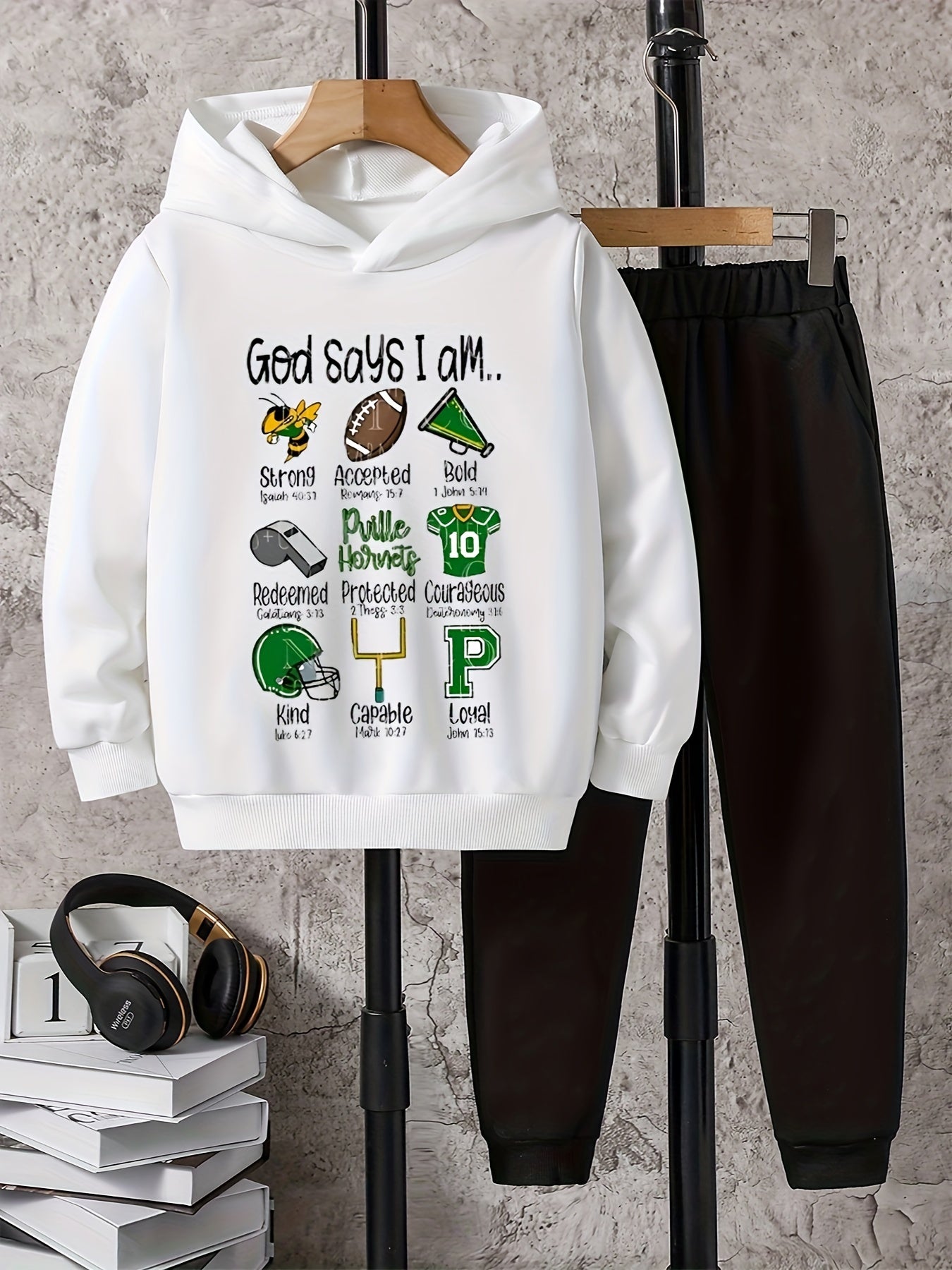2pcs Boys Football Print Hoodie & Solid Sweatpants Set