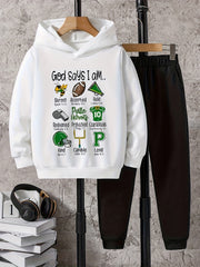 2pcs Boys Football Print Hoodie & Solid Sweatpants Set