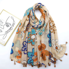 Colorful Flower Graffiti Tassel Scarf Beige Printed Shawl
