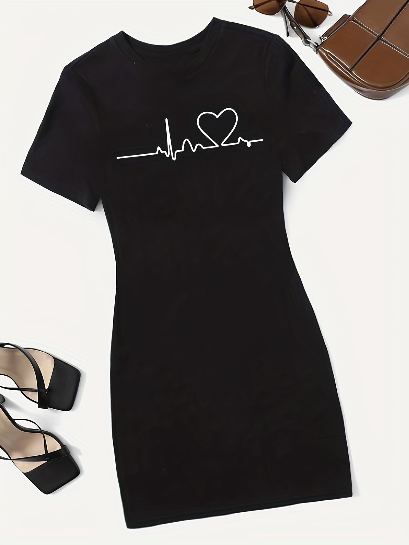 Heart Print Tee Dress Short Sleeve Casual Dress Women's Clothing